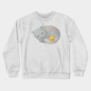 Cat sleeping with small bird - kids illustration Crewneck Sweatshirt